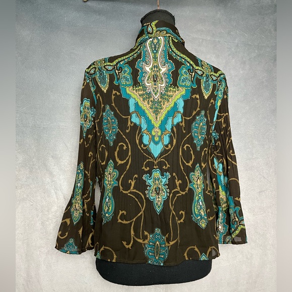 Brown and blue paisley pleated blouse with butterfly sleeves size medium - Picture 2 of 6